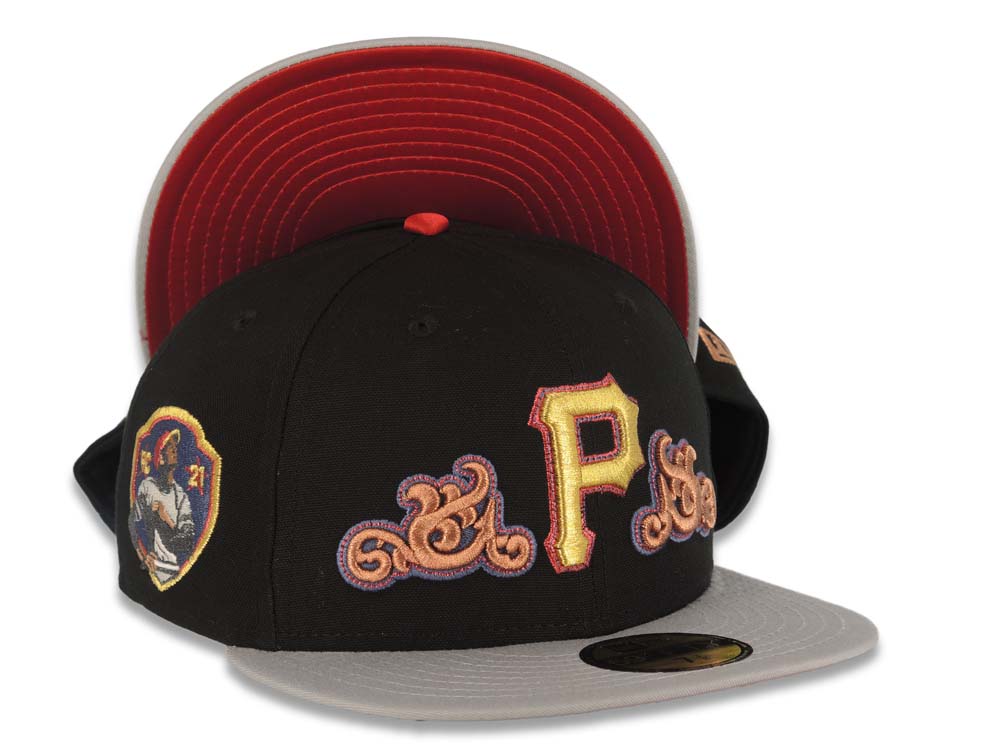 New Era Mens MLB Pittsburgh Pirates 21 Clemente RC 59FIFTY Fitted Hat 70776279 Black, Old Gold Undervisor 7 3/8