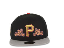 Load image into Gallery viewer, Pittsburgh Pirates New Era MLB 59FIFTY 5950 Fitted Cap Hat Black Crown Gray Visor Gold/Metallic Red Logo Reberto Clemente 21 Side Patch Red UV
