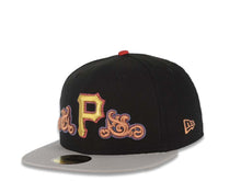 Load image into Gallery viewer, Pittsburgh Pirates New Era MLB 59FIFTY 5950 Fitted Cap Hat Black Crown Gray Visor Gold/Metallic Red Logo Reberto Clemente 21 Side Patch Red UV