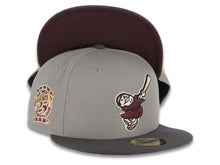 Load image into Gallery viewer, San Diego Padres New Era MLB 59FIFTY 5950 Fitted Cap Hat Gray Crown Dark Gray Visor Maroon/Yellow Swinging Friar Logo 25th Anniversary Side Patch