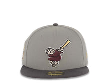 Load image into Gallery viewer, San Diego Padres New Era MLB 59FIFTY 5950 Fitted Cap Hat Gray Crown Dark Gray Visor Maroon/Yellow Swinging Friar Logo 25th Anniversary Side Patch