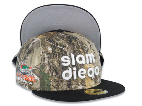 San Diego Padres New Era MLB 59FIFTY 5950 Fitted Cap Hat Real Tree Edge Camo Crown Black Visor Glow White Slam Script Logo Petco Park Side Patch
