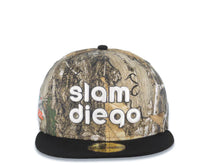 Load image into Gallery viewer, San Diego Padres New Era MLB 59FIFTY 5950 Fitted Cap Hat Real Tree Edge Camo Crown Black Visor Glow White Slam Script Logo Petco Park Side Patch