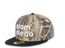 Load image into Gallery viewer, San Diego Padres New Era MLB 59FIFTY 5950 Fitted Cap Hat Real Tree Edge Camo Crown Black Visor Glow White Slam Script Logo Petco Park Side Patch