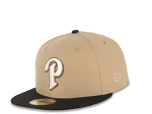 Load image into Gallery viewer, San Diego Padres New Era MLB 59FIFTY 5950 Fitted Cap Hat Khaki Crown Black Visor Cream/Metallic Black/Brown P Logo Petco Park Side Patch Gray UV