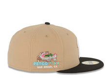 Load image into Gallery viewer, San Diego Padres New Era MLB 59FIFTY 5950 Fitted Cap Hat Khaki Crown Black Visor Cream/Metallic Black/Brown P Logo Petco Park Side Patch Gray UV