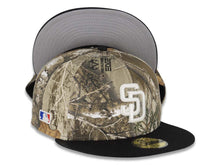 Load image into Gallery viewer, (Glow White) San Diego Padres New Era MLB 59FIFTY 5950 Fitted Cap Hat Real Tree Edge Camo Crown Black Visor Glow White Logo Batterman Batty Side Patch