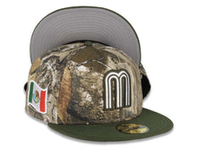 Load image into Gallery viewer, Mexico New Era 59FIFTY 5950 Fitted Cap Hat Real Tree Edge Camo Crown Olive Green Visor White/Olive Green Logo Mexico Flag Side Patch Gray UV