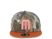 Load image into Gallery viewer, Mexico New Era 59FIFTY 5950 Fitted Cap Hat Real Tree Edge Camo Crown Dark Orange Visor White/Dark Orange Logo Mexico Flag Side Patch Gray UV