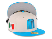 Load image into Gallery viewer, Mexico New Era 59FIFTY 5950 Fitted Cap Hat Stone Crown Blue Visor Metallic Black/Blue Logo Mexico Flag Side Patch Gray UV