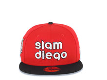 Load image into Gallery viewer, San Diego Padres New Era MLB 59FIFTY 5950 Fitted Cap Hat Red Crown Black Visor White/Black Slam Diego Script Logo 40th Anniversary Side Patch Gray UV