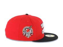 Load image into Gallery viewer, San Diego Padres New Era MLB 59FIFTY 5950 Fitted Cap Hat Red Crown Black Visor White/Black Slam Diego Script Logo 40th Anniversary Side Patch Gray UV