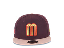 Load image into Gallery viewer, Mexico New Era 59FIFTY 5950 Fitted Cap Hat Maroon Crown Light Peach Visor Metallic Gold/Red M Logo Mexico Flag Side Patch