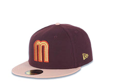 Load image into Gallery viewer, Mexico New Era 59FIFTY 5950 Fitted Cap Hat Maroon Crown Light Peach Visor Metallic Gold/Red M Logo Mexico Flag Side Patch