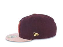 Load image into Gallery viewer, Mexico New Era 59FIFTY 5950 Fitted Cap Hat Maroon Crown Light Peach Visor Metallic Gold/Red M Logo Mexico Flag Side Patch