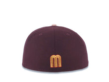 Load image into Gallery viewer, Mexico New Era 59FIFTY 5950 Fitted Cap Hat Maroon Crown Light Peach Visor Metallic Gold/Red M Logo Mexico Flag Side Patch