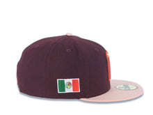 Load image into Gallery viewer, Mexico New Era 59FIFTY 5950 Fitted Cap Hat Maroon Crown Light Peach Visor Metallic Gold/Red M Logo Mexico Flag Side Patch
