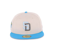 Load image into Gallery viewer, San Diego Padres New Era MLB 59FIFTY 5950 Fitted Cap Hat Stone Crown Blue Visor Sky Blue/Metallic Black Logo 50th Anniversary Side Patch Sky Blue UV
