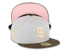 Load image into Gallery viewer, San Diego Padres New Era MLB 59FIFTY 5950 Fitted Cap Hat Gray Crown Brown Visor Glow White/Pink Logo Cathcing Friar Side Patch Pink UV
