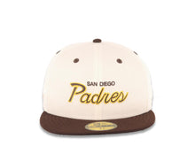Load image into Gallery viewer, San Diego Padres New Era MLB 59FIFTY 5950 Fitted Cap Hat Cream Crown Brown Visor Brrown/Yellow Script/Text Logo Batterman Batty Side Patch Green UV