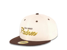 Load image into Gallery viewer, San Diego Padres New Era MLB 59FIFTY 5950 Fitted Cap Hat Cream Crown Brown Visor Brrown/Yellow Script/Text Logo Batterman Batty Side Patch Green UV