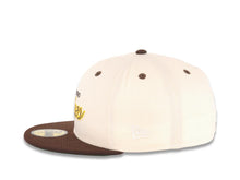 Load image into Gallery viewer, San Diego Padres New Era MLB 59FIFTY 5950 Fitted Cap Hat Cream Crown Brown Visor Brrown/Yellow Script/Text Logo Batterman Batty Side Patch Green UV
