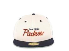 Load image into Gallery viewer, San Diego Padres New Era MLB 59FIFTY 5950 Fitted Cap Hat Cream Crown Navy Blue Visor Navy/Orange Script/Text Logo Batterman Batty Side Patch Green UV