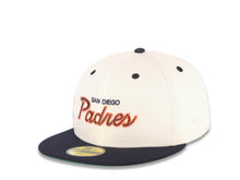 Load image into Gallery viewer, San Diego Padres New Era MLB 59FIFTY 5950 Fitted Cap Hat Cream Crown Navy Blue Visor Navy/Orange Script/Text Logo Batterman Batty Side Patch Green UV