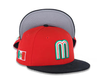 Load image into Gallery viewer, (Youth) Mexico New Era 59FIFTY 5950 Fitted Kid Cap Hat Red Crown Black Corduroy Visor Team Color Logo Mexico Flag Side Patch Gray UV