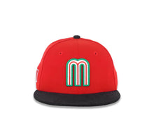 Load image into Gallery viewer, (Youth) Mexico New Era 59FIFTY 5950 Fitted Kid Cap Hat Red Crown Black Corduroy Visor Team Color Logo Mexico Flag Side Patch Gray UV