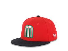 Load image into Gallery viewer, (Youth) Mexico New Era 59FIFTY 5950 Fitted Kid Cap Hat Red Crown Black Corduroy Visor Team Color Logo Mexico Flag Side Patch Gray UV
