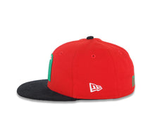 Load image into Gallery viewer, (Youth) Mexico New Era 59FIFTY 5950 Fitted Kid Cap Hat Red Crown Black Corduroy Visor Team Color Logo Mexico Flag Side Patch Gray UV