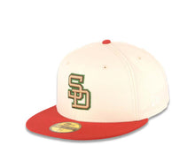 Load image into Gallery viewer, San Diego Padres New Era MLB 59FIFTY 5950 Fitted Cap Hat Cream Crown Red Visor Khaki/Brown/Green Logo 50th Anniversary Side Patch Green UV