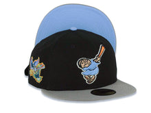 Load image into Gallery viewer, San Diego Padres New Era MLB 59FIFTY 5950 Fitted Cap Hat Black Crown Gray Visor Sky Blue Swinging Friar Logo Stadium Side Patch Sky Blue UV