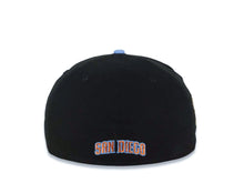 Load image into Gallery viewer, San Diego Padres New Era MLB 59FIFTY 5950 Fitted Cap Hat Black Crown Gray Visor Sky Blue Swinging Friar Logo Stadium Side Patch Sky Blue UV