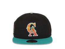 Load image into Gallery viewer, Los Angeles Anaheim Angels New Era MLB 59FIFTY 5950 Fitted Cap Hat Black Crown Teal Visor Yellow/Red/Orange Gradient Logo 35th Anniversary Side Patch