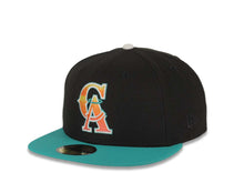 Load image into Gallery viewer, Los Angeles Anaheim Angels New Era MLB 59FIFTY 5950 Fitted Cap Hat Black Crown Teal Visor Yellow/Red/Orange Gradient Logo 35th Anniversary Side Patch