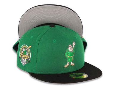 San Diego Padres New Era MLB 59FIFTY 5950 Fitted Cap Hat Green Crown Black Visor Metallic Green/Gold Waving Friar Logo 40th Anniversary Side Patch