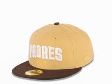 Load image into Gallery viewer, San Diego Padres New Era MLB 59FIFTY 5950 Fitted Cap Hat Vegas Gold Crown Dark Brown Visor White Script Logo Go Padres Side Patch Green UV