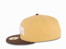 Load image into Gallery viewer, San Diego Padres New Era MLB 59FIFTY 5950 Fitted Cap Hat Vegas Gold Crown Dark Brown Visor White Script Logo Go Padres Side Patch Green UV