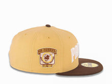 Load image into Gallery viewer, San Diego Padres New Era MLB 59FIFTY 5950 Fitted Cap Hat Vegas Gold Crown Dark Brown Visor White Script Logo Go Padres Side Patch Green UV