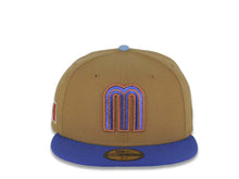 Load image into Gallery viewer, Mexico New Era 59FIFTY 5950 Fitted Cap Hat Wheat Crown Royal Blue Visor Metallic Blue/Metallic Brown Logo Mexico Flag Side Patch