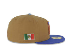 Load image into Gallery viewer, Mexico New Era 59FIFTY 5950 Fitted Cap Hat Wheat Crown Royal Blue Visor Metallic Blue/Metallic Brown Logo Mexico Flag Side Patch