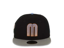 Load image into Gallery viewer, Mexico New Era 59FIFTY 5950 Fitted Cap Hat Black Crown Gray Visor Sky Blue/Metallic Brown Gradient Logo Rose Side Patch Sky Blue UV
