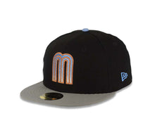 Load image into Gallery viewer, Mexico New Era 59FIFTY 5950 Fitted Cap Hat Black Crown Gray Visor Sky Blue/Metallic Brown Gradient Logo Rose Side Patch Sky Blue UV