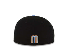 Load image into Gallery viewer, Mexico New Era 59FIFTY 5950 Fitted Cap Hat Black Crown Gray Visor Sky Blue/Metallic Brown Gradient Logo Rose Side Patch Sky Blue UV