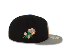 Load image into Gallery viewer, Mexico New Era 59FIFTY 5950 Fitted Cap Hat Black Crown Gray Visor Sky Blue/Metallic Brown Gradient Logo Rose Side Patch Sky Blue UV