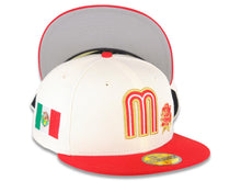 Load image into Gallery viewer, Mexico New Era 59FIFTY 5950 Fitted Cap Hat Cream Crown Red Visor Red/Metqallic Gold Logo with Rose Mexico Flag Side Patch Gray UV