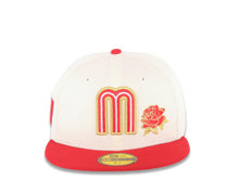 Load image into Gallery viewer, Mexico New Era 59FIFTY 5950 Fitted Cap Hat Cream Crown Red Visor Red/Metqallic Gold Logo with Rose Mexico Flag Side Patch Gray UV