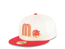 Load image into Gallery viewer, Mexico New Era 59FIFTY 5950 Fitted Cap Hat Cream Crown Red Visor Red/Metqallic Gold Logo with Rose Mexico Flag Side Patch Gray UV